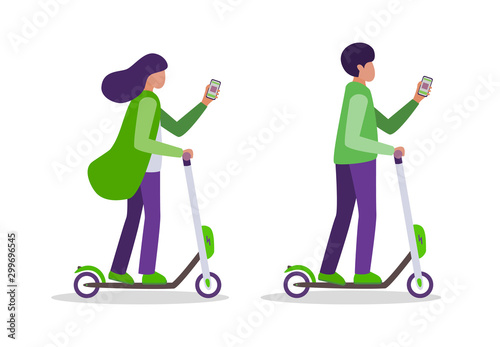 Set of a pair of people riding kick scooters. Man and woman looking at the phone for navigation. Boy and a girl on lime green electric scooters isolated on a white background. Vector illustration