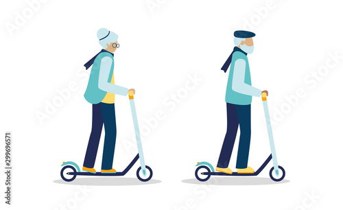 A pair of old people ride a rented electric scooter together. Seniors with gray hair on a kick scooter. Set of grandparents grandmother and grandfather on eco city transport. Vector illustration.