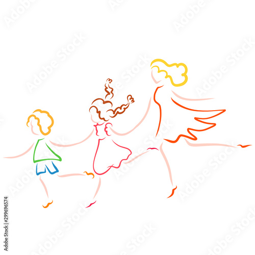 Mom runs with her son and daughter, color pattern