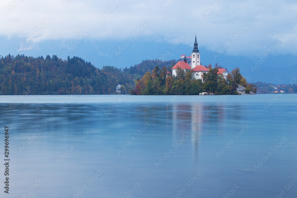 View of the Pilgrimage Church of the Assumption of Maria on an island on famous Lake Bled in Slovenia