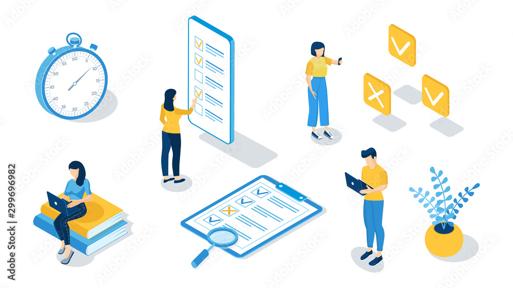 Concept of online exam, online testing, questionnaire form, online education, survey, internet quiz. Isometric vector illustration.