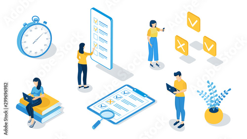 Concept of online exam, online testing, questionnaire form, online education, survey, internet quiz. Isometric vector illustration.