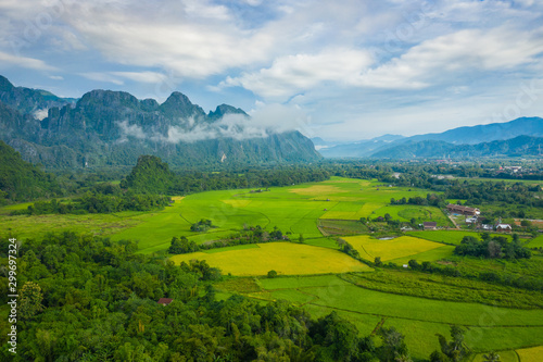 Aerial view of beautiful landscapes at Vang Vieng , Laos. Southeast Asia. Photo made by drone from above. Bird eye view.