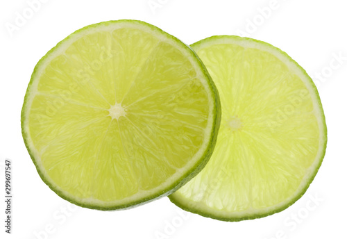 Sliced lime green isolated on white background close-up.
