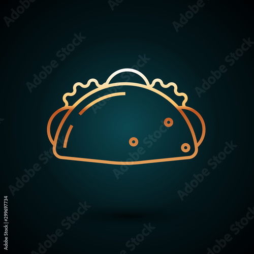 Gold line Taco with tortilla icon isolated on dark blue background. Traditional mexican fast food menu. Vector Illustration