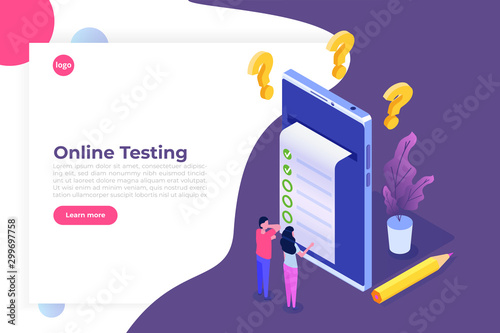 Online testing, E-learning, education isometric concept. Vector illustration.