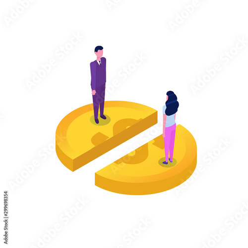 Divide money concept, share profits. Vector isometric illustration.