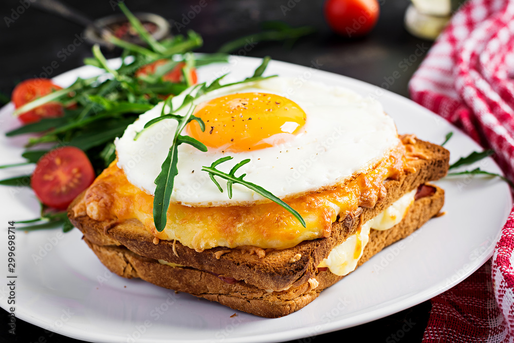 Breakfast. French cuisine. Croque madame sandwich close up on the table. Breakfast. French cuisine. Croque madame sandwich close up on the table.