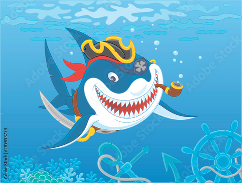 Insidiously smiling great white shark pirate with a pipe, a saber and a cocked hat in blue water of a tropical sea over a coral reef with wreckage of an old sail ship