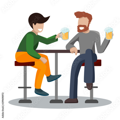 A pair of two friends of men drink foamy beer at a table in high bar stools. Characters raise glasses with alcohol and laugh, communicate. Vector illustration isolated on white background