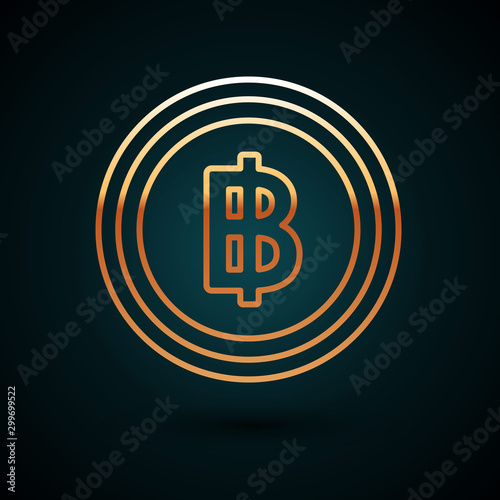 Gold line Cryptocurrency coin Bitcoin icon isolated on dark blue background. Blockchain technology, bitcoin, digital money market, cryptocoin wallet. Vector Illustration