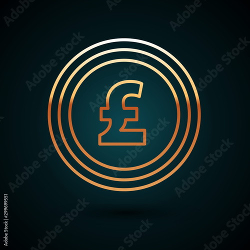 Gold line Coin money with pound sterling symbol icon isolated on dark blue background. Banking currency sign. Cash symbol. Vector Illustration
