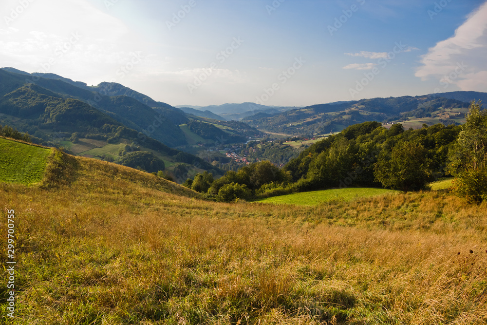 Beskid Sądecki and village Rytro in summer. View from near village Wola Krogulecka, Poland.