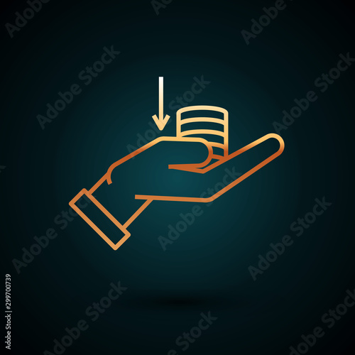 Gold line Money on hand icon isolated on dark blue background. Palm holds cash with down. Cash salary decrease. Vector Illustration