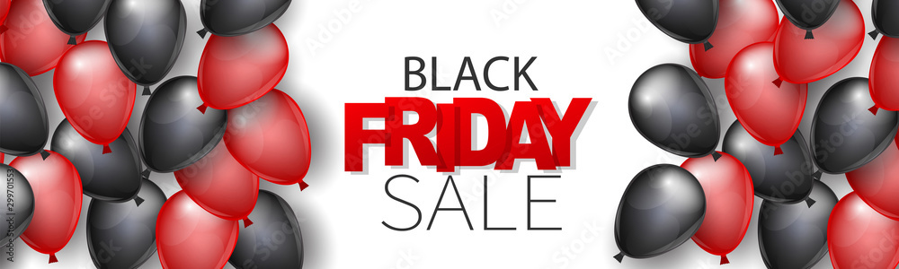 Black Friday Sale header or banner design template. Big discount advertising promo concept with balloons and typography text. Website or magazine decoration. Vector illustration. - obrazy, fototapety, plakaty 