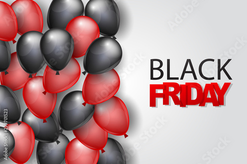 Black Friday banner design template. Big sale advertising promo concept with balloons and typography text. Vector illustration.