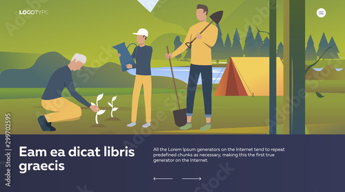 Family of volunteers planting trees. People watering seedlings outdoors, camping, forest vector illustration. People, environment, eco concept for banner, website design or landing web page