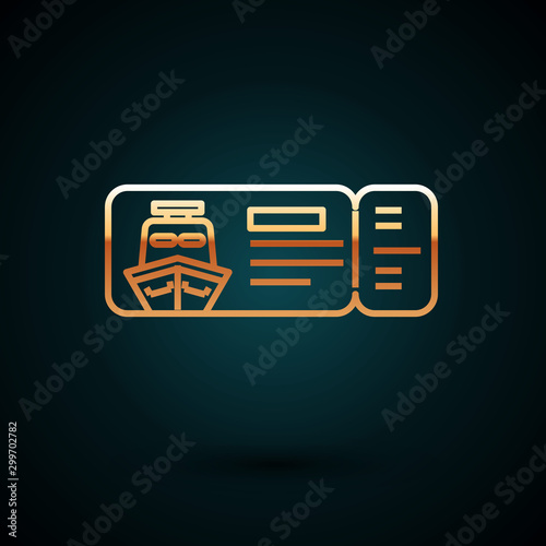 Gold line Cruise ticket for traveling by ship icon isolated on dark blue background. Travel by Cruise liner. Cruises to Paradise. Vector Illustration