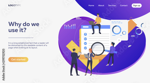 Team analyzing task list. People studying checklist, using laptop, magnifying glass vector illustration. Business concept for banner, website design or landing web page