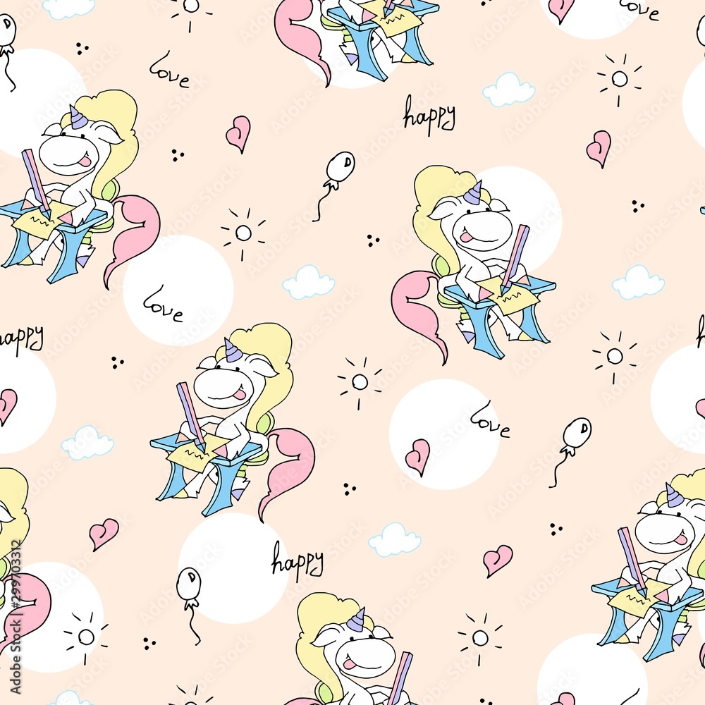 Cute hand drawn unicorn vector pattern with balloons and heart. Vector illustration design for fabrics, wallpapers and cover. Seamless pastel unicorns.