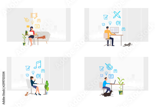 Freelance designers set. Men and women working on computers at home with pets. Flat vector illustrations. Lifestyle, freelancers distance job concept for banner, website design or landing web page