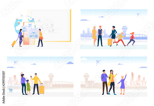 Passengers in airport set. Family tourists holding luggage and boarding passes. Flat vector illustrations. Vacation, trip, flight concept for banner, website design or landing web page