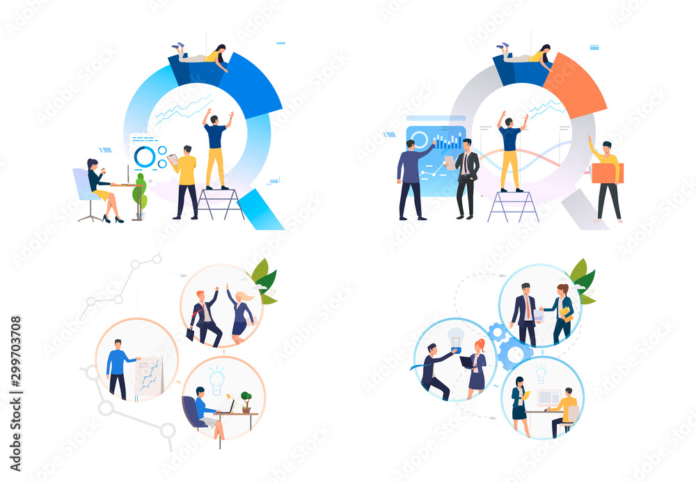 Teamwork and partnership set. People building diagrams, working on computer, celebrating success. Flat vector illustrations. Business concept for banner, website design or landing web page - obrazy, fototapety, plakaty 