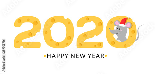 Happy new year 2020 cheese and mouse vector card. Symbol or new 2020 year mouse in red Santas hat and cheese figure