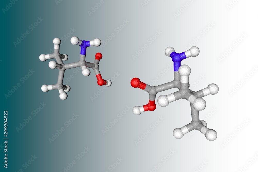 Molecular structure of valine. Atoms are represented as spheres with conventional color coding: carbon (grey), oxygen (red), nitrogen (light blue), hydrogen (white). 3d illustration