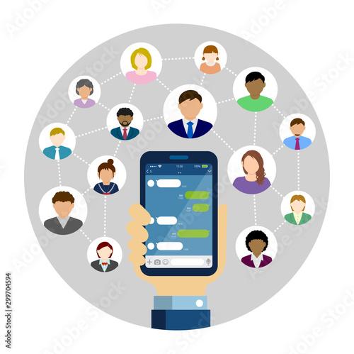 Wallpaper Mural Chat app (SNS/message app) circle vector banner illustration /  Hand holding smartphone. Torontodigital.ca