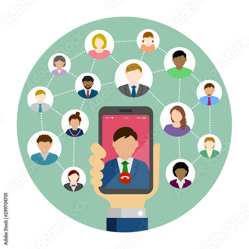 Video call / Global communiation through mobile phone circle vector banner illustration /  Hand holding smartphone.