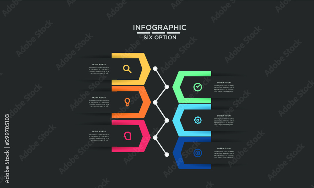 Six 6 Options infographic step chart workflow  element Plan Slide Template with dark black background theme