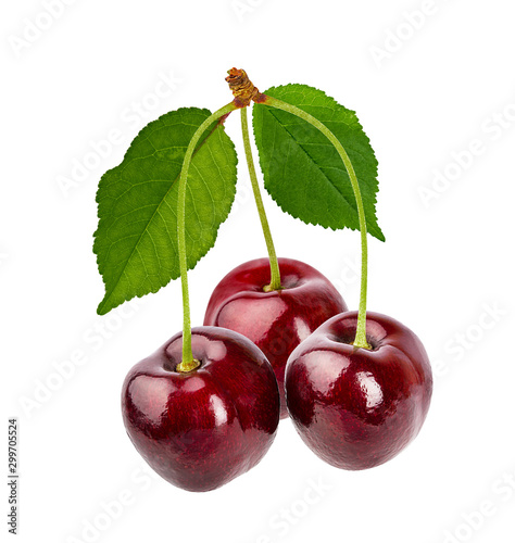 Cherries with leaf isolated on white background with clipping path