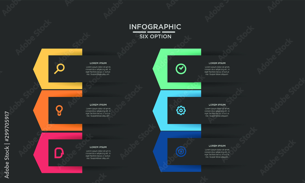Six 6 Options infographic step chart workflow  element Plan Slide Template with dark black background theme