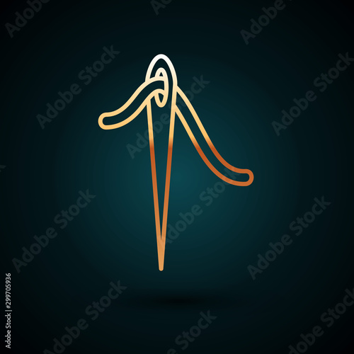 Gold line Needle for sewing with thread icon isolated on dark blue background. Tailor symbol. Textile sew up craft sign. Embroidery tool. Vector Illustration