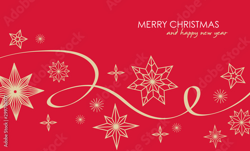 Christmas greetings banner with swirl ribbons and stars on red colour background