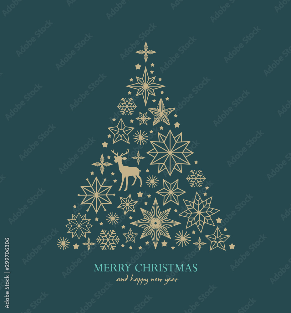 Christmas greeting card/ poster/ cover with stars, snowflakes, Christmas tree and reindeer - obrazy, fototapety, plakaty 