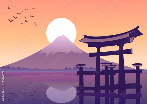 great floating gate and Fuji mount landmark of Japan at sunset time,silhouette style