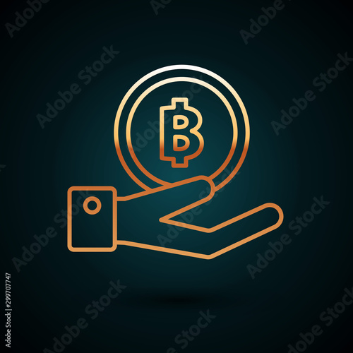 Gold line Hand holding Bitcoin icon isolated on dark blue background. Blockchain technology, digital money market, cryptocoin wallet. Vector Illustration