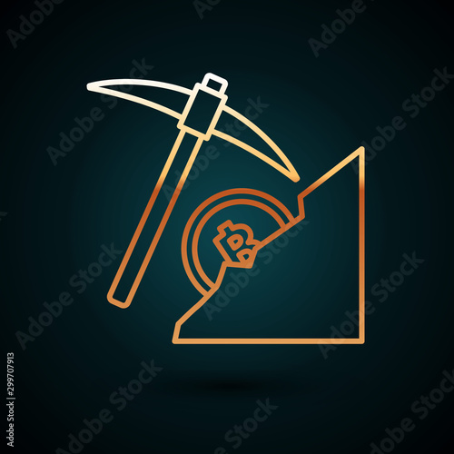 Gold line Cryptocurrency cloud mining icon isolated on dark blue background. Cloud with pickaxe, bitcoin, digital money market, cryptocoin wallet. Vector Illustration