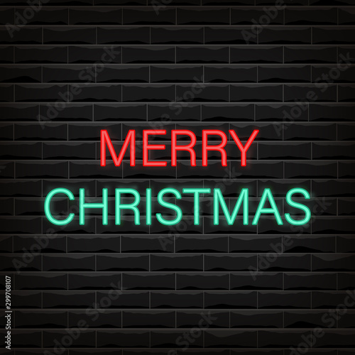 Background of the black brick wall with Merry Christmas text neon sign.