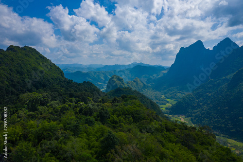 Aerial view of mountains in Nong Khiaw. North Laos. Southeast Asia. Photo made by drone from above. Bird eye view.