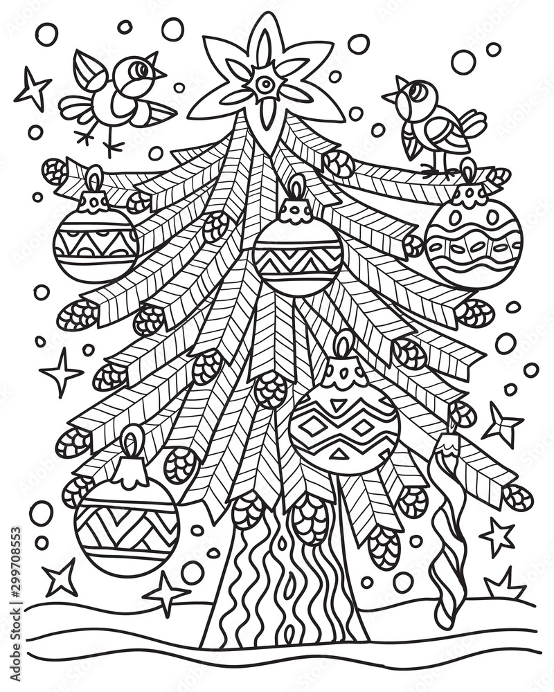 Christmas tree decorated with balls and birds. Hand drawing coloring book for children and adults. Beautiful drawings with patterns and small details. One of a series of painted pictures.