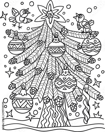 Christmas tree decorated with balls and birds. Hand drawing coloring book for children and adults. Beautiful drawings with patterns and small details. One of a series of painted pictures.