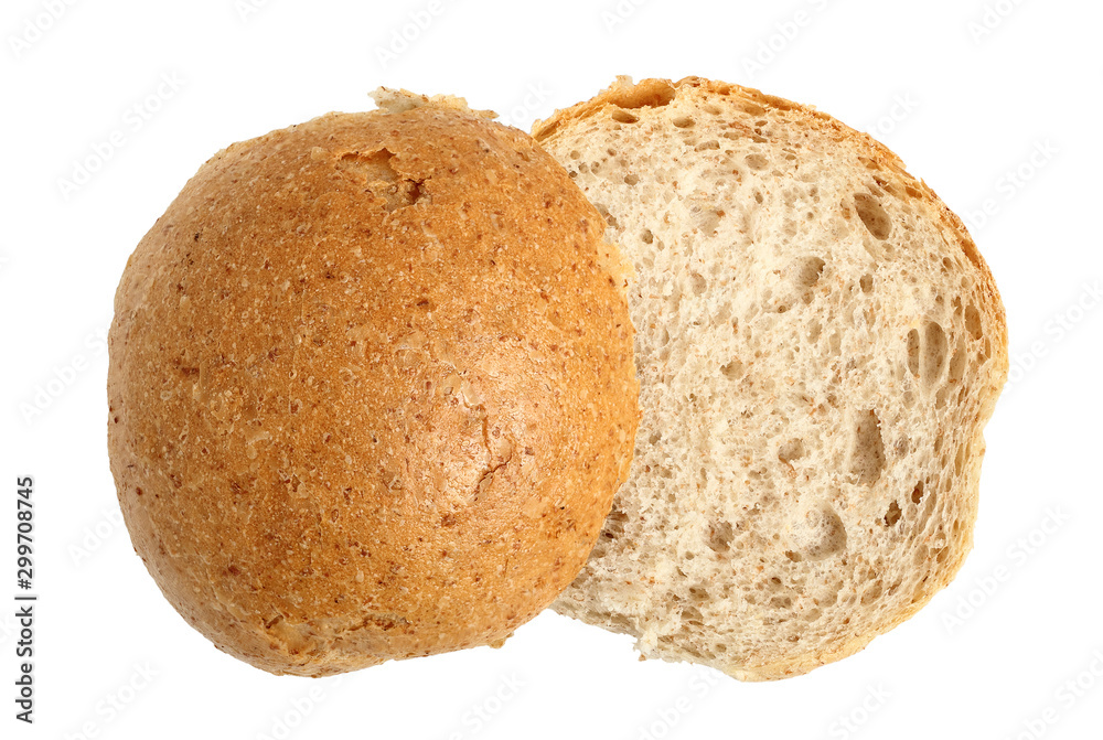 Halves of Graham Bread Roll. Isolated on white background. Directly Above. Halves of Graham Bread Roll. Isolated on white background. Directly Above.