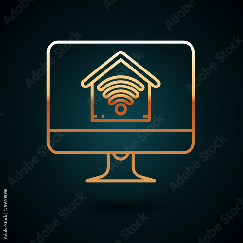 Gold line Computer monitor with smart home with wi-fi icon isolated on dark blue background. Remote control. Vector Illustration