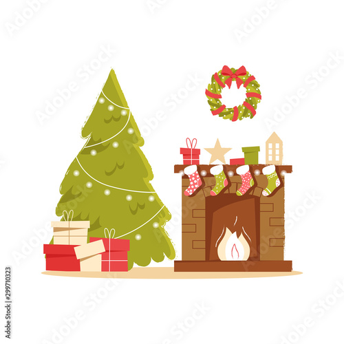 Classic brick fireplace with Christmas socks, hresents and gifts on a neutral background. New year vector illustration in flat style for web banner, greeting card or tags