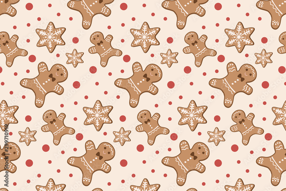 Christmas pattern with gingerbread cookies, gingerbread men. Vector ornament. Holiday design.