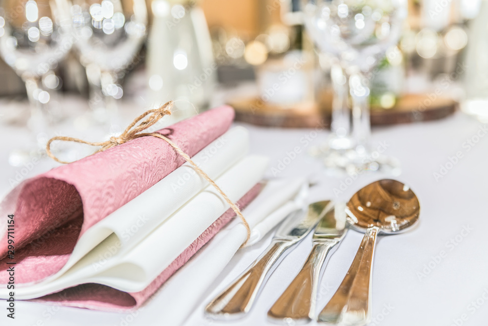 Beautiful table set for some festive event, party or wedding reception. Design, formal. Closeup Beautiful table set for some festive event, party or wedding reception. Design, formal. Closeup