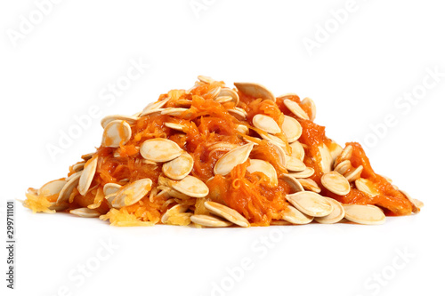 Seeds and pulp of pumpkin. Isolated on white background.